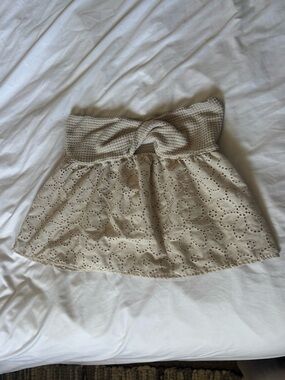Cream Strapless Eyelet Tube Top with Knit Twist Band